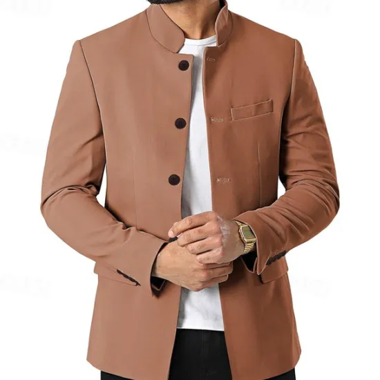 Hot OUKU Men's Casual Jacket Blazer Daily Vacation Warm Pocket Fall & Winter Plain Vintage Fashion Standing Collar Regular Black White Wine Navy Blue Jacket