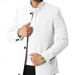 Hot OUKU Men's Casual Jacket Blazer Daily Vacation Warm Pocket Fall & Winter Plain Vintage Fashion Standing Collar Regular Black White Wine Navy Blue Jacket
