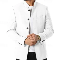 Hot OUKU Men's Casual Jacket Blazer Daily Vacation Warm Pocket Fall & Winter Plain Vintage Fashion Standing Collar Regular Black White Wine Navy Blue Jacket