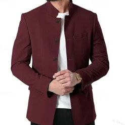 Hot OUKU Men's Casual Jacket Blazer Daily Vacation Warm Pocket Fall & Winter Plain Vintage Fashion Standing Collar Regular Black White Wine Navy Blue Jacket