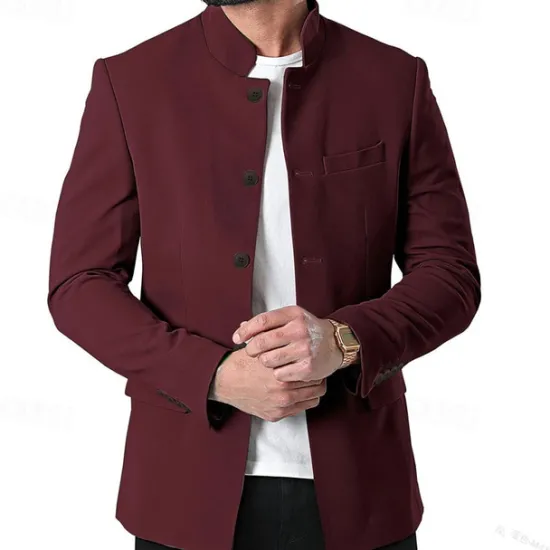 Hot OUKU Men's Casual Jacket Blazer Daily Vacation Warm Pocket Fall & Winter Plain Vintage Fashion Standing Collar Regular Black White Wine Navy Blue Jacket