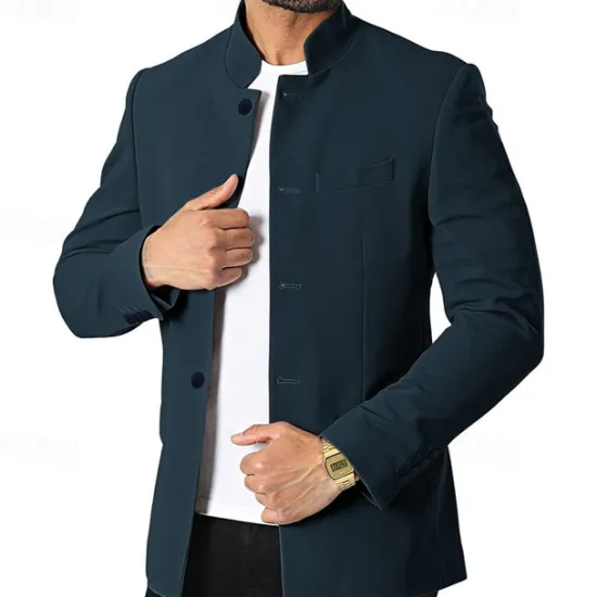 Hot OUKU Men's Casual Jacket Blazer Daily Vacation Warm Pocket Fall & Winter Plain Vintage Fashion Standing Collar Regular Black White Wine Navy Blue Jacket