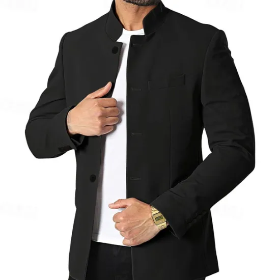Hot OUKU Men's Casual Jacket Blazer Daily Vacation Warm Pocket Fall & Winter Plain Vintage Fashion Standing Collar Regular Black White Wine Navy Blue Jacket
