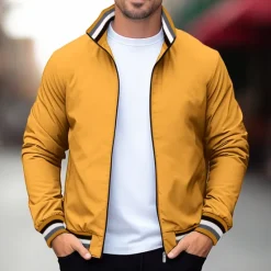 Best OUKU Men's Casual Jacket Sport Coat Daily Wear Warm Pocket Fall Winter Solid Color Fashion Sporty Stand Collar Regular Black Yellow Navy Blue Green Jacket