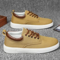New OUKU Men's Casual Lace-Up Canvas Sneakers – Lightweight Breathable Shoes with Leather Accents, Perfect for Everyday Wear and Outdoor Activities