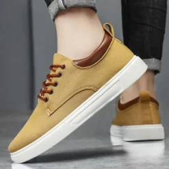 New OUKU Men's Casual Lace-Up Canvas Sneakers – Lightweight Breathable Shoes with Leather Accents, Perfect for Everyday Wear and Outdoor Activities