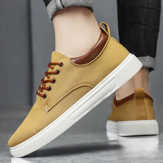 New OUKU Men's Casual Lace-Up Canvas Sneakers – Lightweight Breathable Shoes with Leather Accents, Perfect for Everyday Wear and Outdoor Activities