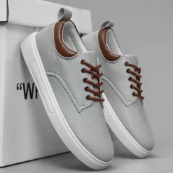 New OUKU Men's Casual Lace-Up Canvas Sneakers – Lightweight Breathable Shoes with Leather Accents, Perfect for Everyday Wear and Outdoor Activities