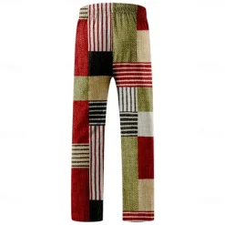 Sale OUKU Men's Casual Pants Pocket Drawstring Straight Leg Geometric Color Block Patchwork Vacation Casual Pink Red Inelastic