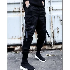 OUKU mens casual pants Trousers multi-pockets Streetwear Harem fashion cargo joggers gym drawstring long pants ankle-length trousers with multi-pockets