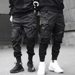 OUKU mens casual pants Trousers multi-pockets Streetwear Harem fashion cargo joggers gym drawstring long pants ankle-length trousers with multi-pockets
