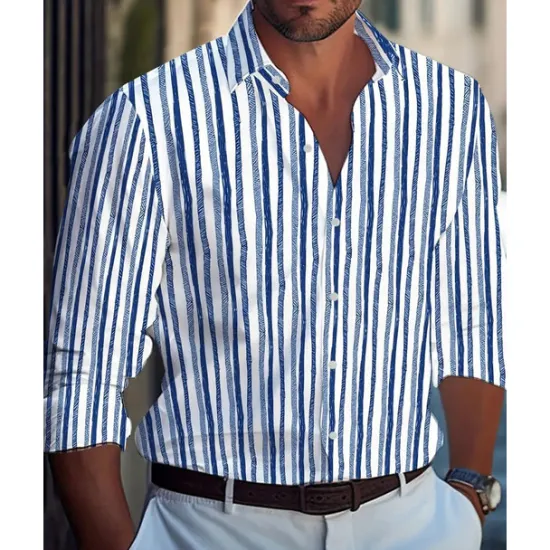 Online OUKU Men's Casual Shirt Beach Shirt Button Up Shirt Black Yellow Wine Red Blue Long Sleeve Stripes and Plaid Lapel Vacation Hawaiian Button-Down Clothing Apparel Polyester Fashion Casual Comfortable