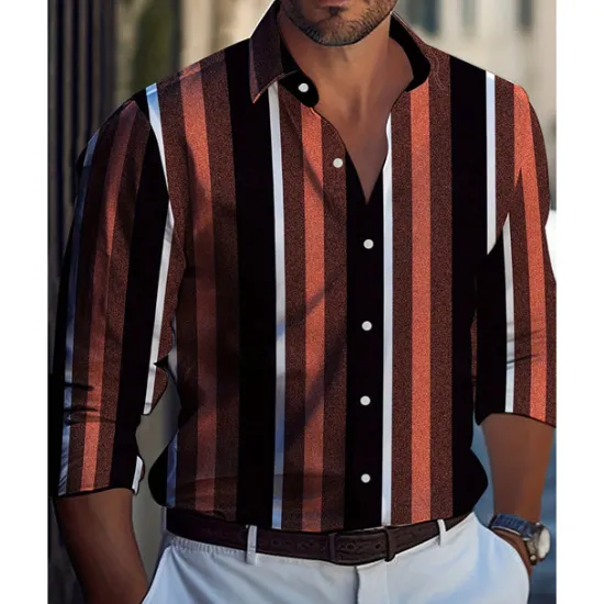 Online OUKU Men's Casual Shirt Beach Shirt Button Up Shirt Black Yellow Wine Red Blue Long Sleeve Stripes and Plaid Lapel Vacation Hawaiian Button-Down Clothing Apparel Polyester Fashion Casual Comfortable