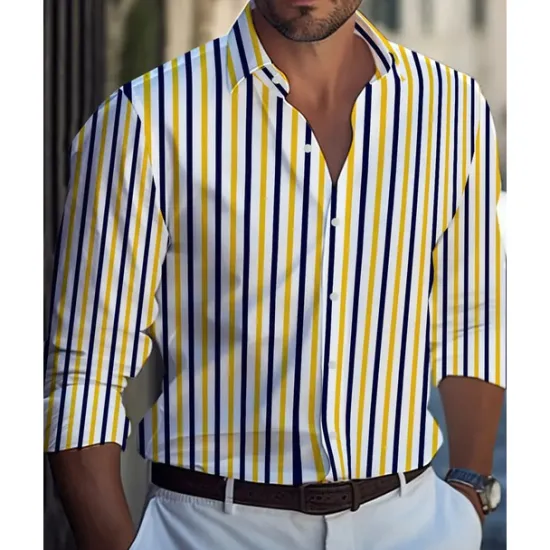 Online OUKU Men's Casual Shirt Beach Shirt Button Up Shirt Black Yellow Wine Red Blue Long Sleeve Stripes and Plaid Lapel Vacation Hawaiian Button-Down Clothing Apparel Polyester Fashion Casual Comfortable
