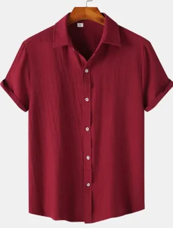 Best OUKU Men's Casual Shirt Black Yellow Pink Wine Blue Short Sleeve Plain Lapel Vacation Street Basic Clothing Apparel Polyester Fashion Leisure