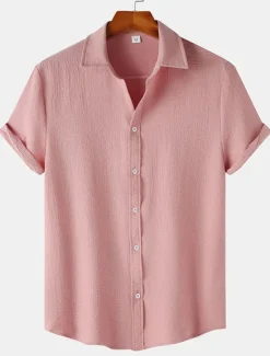 Best OUKU Men's Casual Shirt Black Yellow Pink Wine Blue Short Sleeve Plain Lapel Vacation Street Basic Clothing Apparel Polyester Fashion Leisure