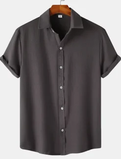 Best OUKU Men's Casual Shirt Black Yellow Pink Wine Blue Short Sleeve Plain Lapel Vacation Street Basic Clothing Apparel Polyester Fashion Leisure