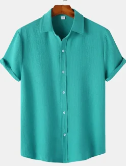 Best OUKU Men's Casual Shirt Black Yellow Pink Wine Blue Short Sleeve Plain Lapel Vacation Street Basic Clothing Apparel Polyester Fashion Leisure