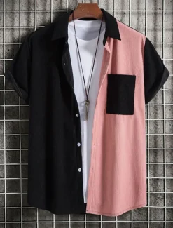 Best OUKU Men's Casual Shirt Flannel Shirt Pink Wine Purple Green khaki Short Sleeve Color Block Lapel Vacation Street Basic Clothing Apparel Fashion Leisure