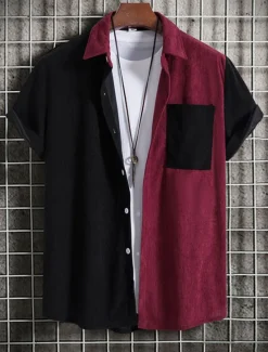 Best OUKU Men's Casual Shirt Flannel Shirt Pink Wine Purple Green khaki Short Sleeve Color Block Lapel Vacation Street Basic Clothing Apparel Fashion Leisure