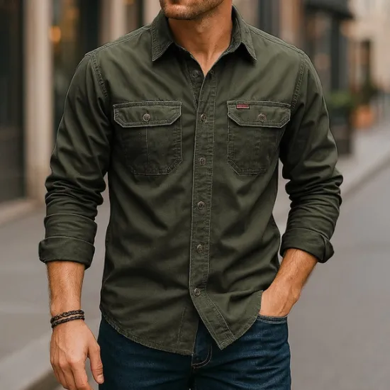 Hot OUKU Men's Casual Shirt Work Shirt Button Up Shirt Dark Navy khaki Light Grey Army Green Long Sleeve Solid / Plain Color Lapel Vacation Holiday Button-Down Clothing Apparel Cotton Fashion Casual