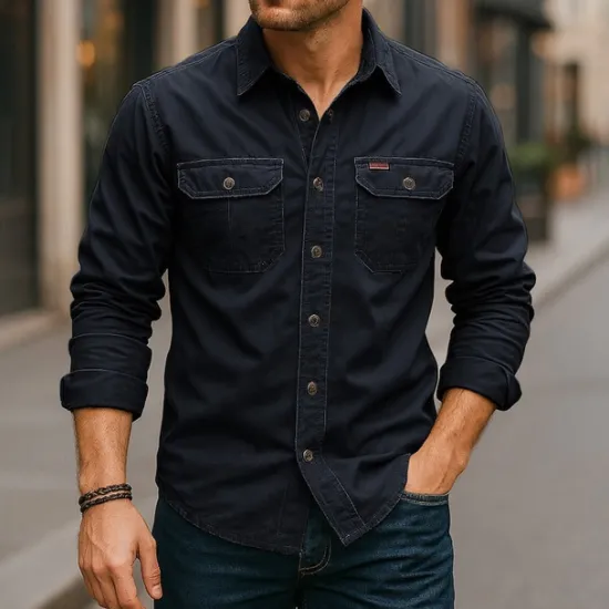 Hot OUKU Men's Casual Shirt Work Shirt Button Up Shirt Dark Navy khaki Light Grey Army Green Long Sleeve Solid / Plain Color Lapel Vacation Holiday Button-Down Clothing Apparel Cotton Fashion Casual