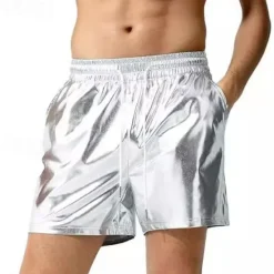 New OUKU Men's Casual Shorts Faux Leather Shorts Shiny Metallic Solid Colored Sports Short Casual Club Fashion Casual Silver Black Low Waist Micro-elastic