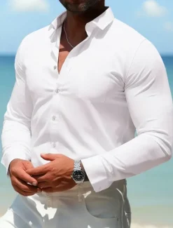 New OUKU Men's Casual Summer Shirt Homecoming Standard Fit Long Sleeve Lapel Solid Color Polyester Black White Pink 2025