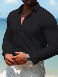 New OUKU Men's Casual Summer Shirt Homecoming Standard Fit Long Sleeve Lapel Solid Color Polyester Black White Pink 2025