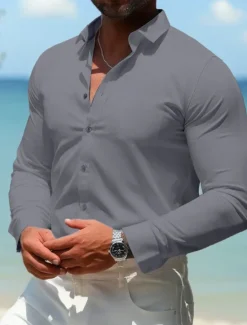 New OUKU Men's Casual Summer Shirt Homecoming Standard Fit Long Sleeve Lapel Solid Color Polyester Black White Pink 2025