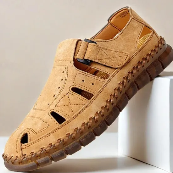 New OUKU Men's Casual Tan Suede Sandals with Adjustable Velcro Strap, Breathable Design and Comfortable Sole – Perfect for Outdoor, Beach and Summer Activities