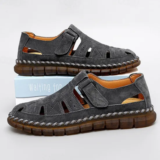 New OUKU Men's Casual Tan Suede Sandals with Adjustable Velcro Strap, Breathable Design and Comfortable Sole – Perfect for Outdoor, Beach and Summer Activities