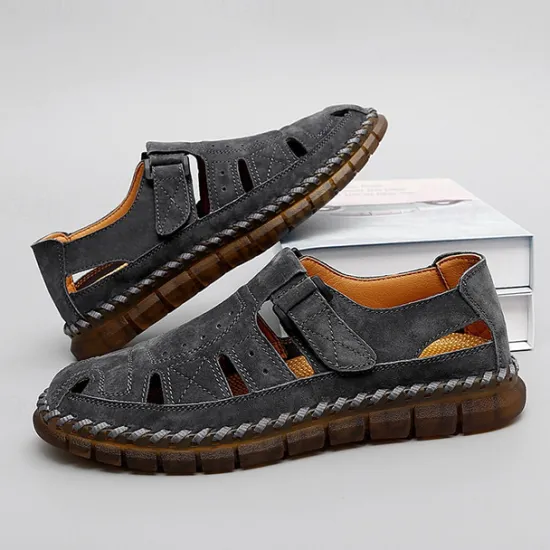 New OUKU Men's Casual Tan Suede Sandals with Adjustable Velcro Strap, Breathable Design and Comfortable Sole – Perfect for Outdoor, Beach and Summer Activities