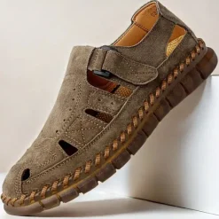 New OUKU Men's Casual Tan Suede Sandals with Adjustable Velcro Strap, Breathable Design and Comfortable Sole – Perfect for Outdoor, Beach and Summer Activities