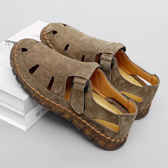 New OUKU Men's Casual Tan Suede Sandals with Adjustable Velcro Strap, Breathable Design and Comfortable Sole – Perfect for Outdoor, Beach and Summer Activities