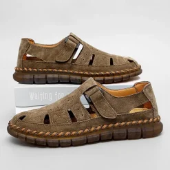 New OUKU Men's Casual Tan Suede Sandals with Adjustable Velcro Strap, Breathable Design and Comfortable Sole – Perfect for Outdoor, Beach and Summer Activities