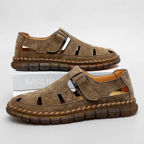 New OUKU Men's Casual Tan Suede Sandals with Adjustable Velcro Strap, Breathable Design and Comfortable Sole – Perfect for Outdoor, Beach and Summer Activities