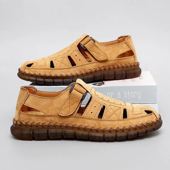 New OUKU Men's Casual Tan Suede Sandals with Adjustable Velcro Strap, Breathable Design and Comfortable Sole – Perfect for Outdoor, Beach and Summer Activities