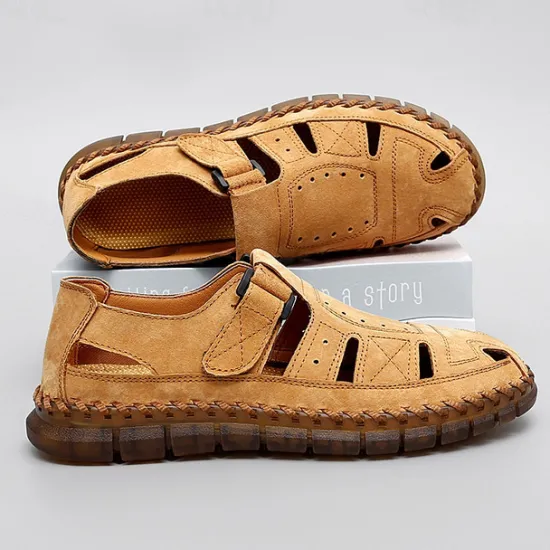 New OUKU Men's Casual Tan Suede Sandals with Adjustable Velcro Strap, Breathable Design and Comfortable Sole – Perfect for Outdoor, Beach and Summer Activities