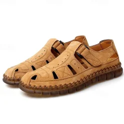 New OUKU Men's Casual Tan Suede Sandals with Adjustable Velcro Strap, Breathable Design and Comfortable Sole – Perfect for Outdoor, Beach and Summer Activities