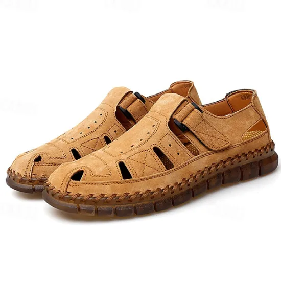 New OUKU Men's Casual Tan Suede Sandals with Adjustable Velcro Strap, Breathable Design and Comfortable Sole – Perfect for Outdoor, Beach and Summer Activities