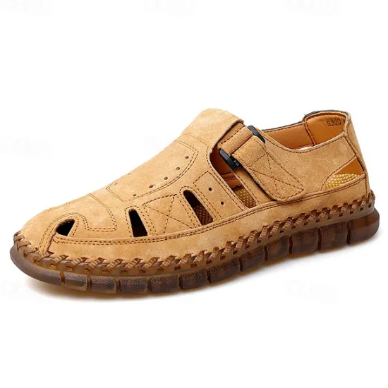 New OUKU Men's Casual Tan Suede Sandals with Adjustable Velcro Strap, Breathable Design and Comfortable Sole – Perfect for Outdoor, Beach and Summer Activities