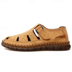 New OUKU Men's Casual Tan Suede Sandals with Adjustable Velcro Strap, Breathable Design and Comfortable Sole – Perfect for Outdoor, Beach and Summer Activities