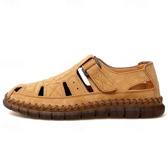 New OUKU Men's Casual Tan Suede Sandals with Adjustable Velcro Strap, Breathable Design and Comfortable Sole – Perfect for Outdoor, Beach and Summer Activities