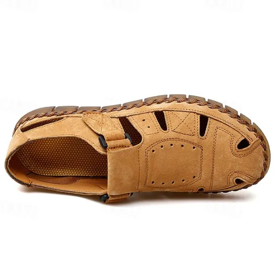 New OUKU Men's Casual Tan Suede Sandals with Adjustable Velcro Strap, Breathable Design and Comfortable Sole – Perfect for Outdoor, Beach and Summer Activities