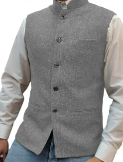 Best OUKU Men's Casual Vest Solid Color Tailored Fit Single Breasted Five-buttons Silver Black Dark Navy 2023