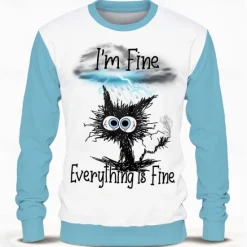 Best OUKU Men's Cat Funny Hoodies Sweatshirt Long Sleeve Sweatshirt Crew Neck Fashion Cowboy 3D Print Vacation Party Crewneck Fall Winter Blue