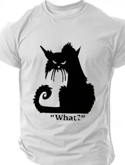 Online OUKU Men's Cat Halloween T Shirt Tee Top 100% Cotton Short Sleeve Graphic Shirt Black White Dark Grey Comfortable Tee Street Sports Outdoor Fashion Designer Clothing