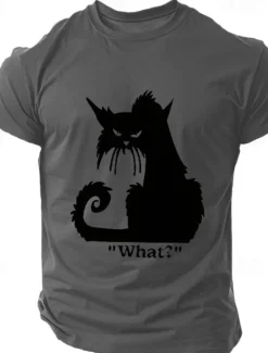 Online OUKU Men's Cat Halloween T Shirt Tee Top 100% Cotton Short Sleeve Graphic Shirt Black White Dark Grey Comfortable Tee Street Sports Outdoor Fashion Designer Clothing