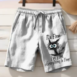 New OUKU Men's Cat Letter Printed Funny Shorts Summer Shorts Beach Shorts Mid Waist Hawaiian Casual Outdoor Holiday Going out Drawstring Elastic Waist Print Designer Clothing Apparel